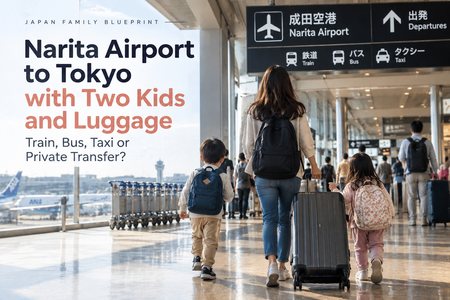 Family traveling from Narita Airport to Tokyo with two kids and luggage